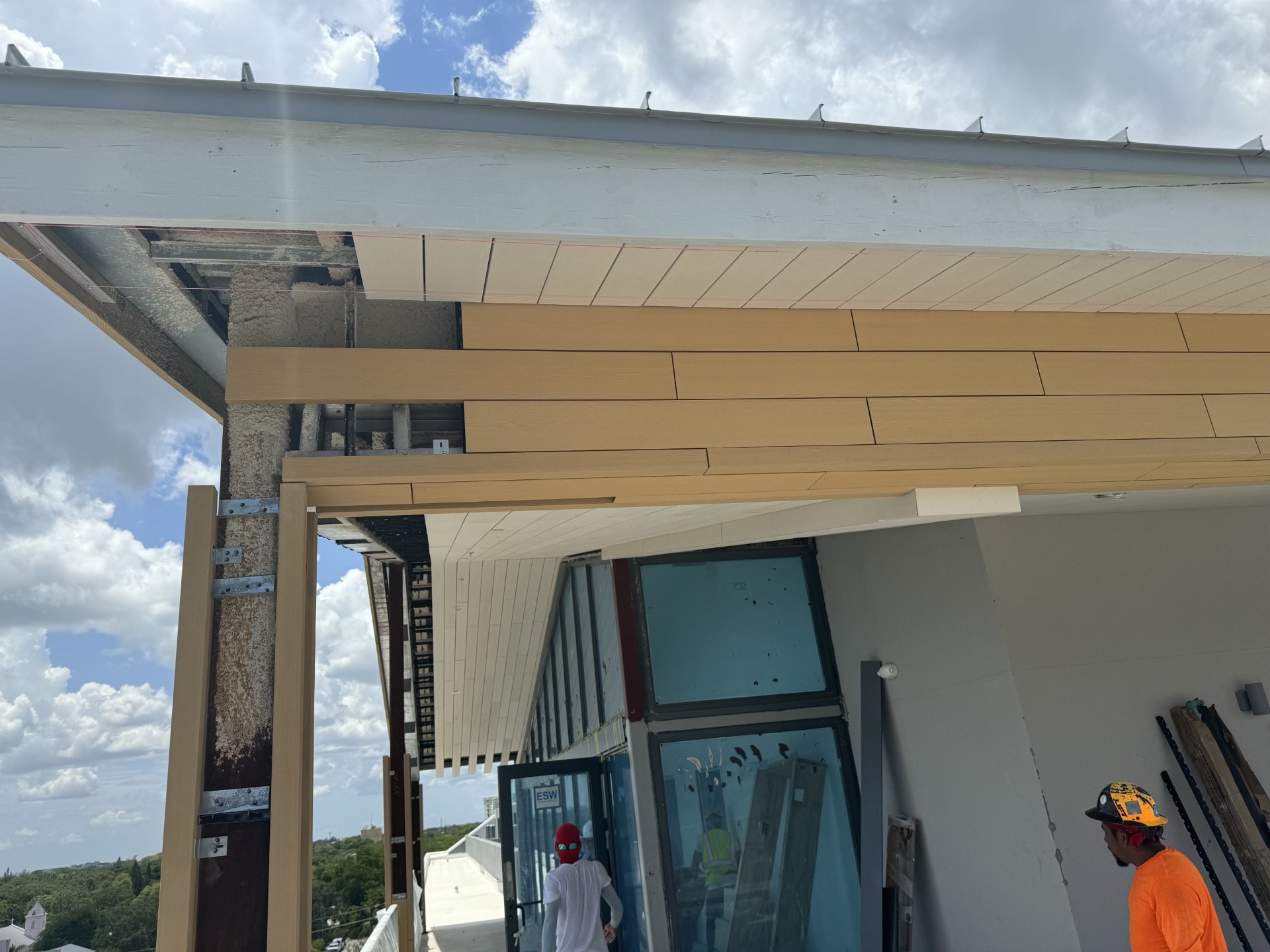 Canopy soffit framing with wood panel cladding and glazing