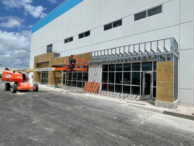 Commercial exterior framing with boom lift