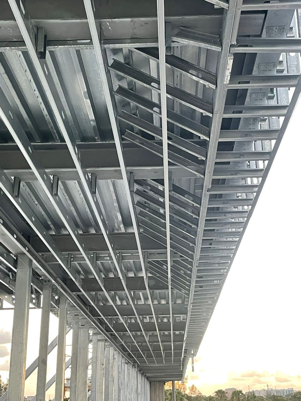 Exterior soffit metal framing underside view